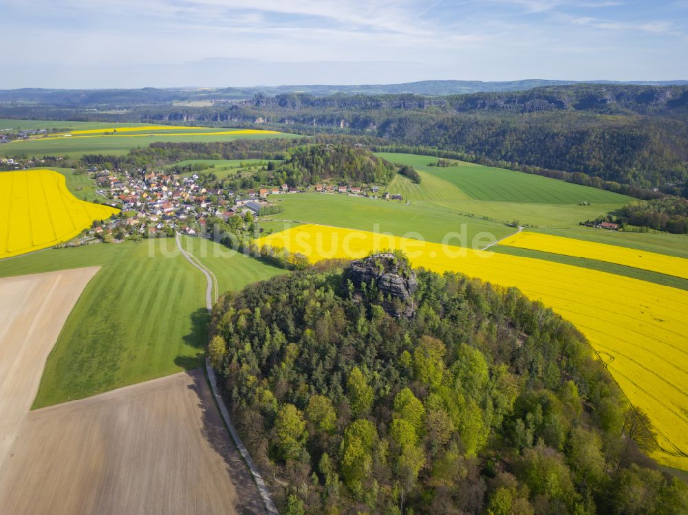 Reinhardtsdorf aus der Vogelperspektive: Ensemble Kaiserkrone, Zirkelstein und den Zschirnsteine in Reinhardtsdorf im Bundesland Sachsen, Deutschland