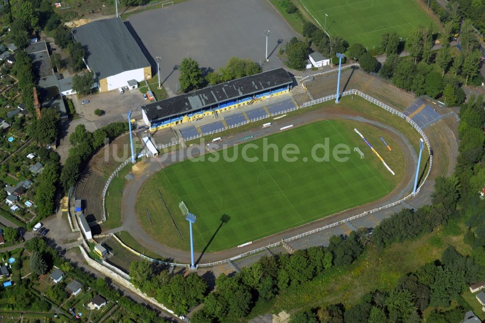 Leipzig aus der Vogelperspektive: Ensemble der Sportplatzanlagen Bruno-Plache-Stadion in Leipzig im Bundesland Sachsen