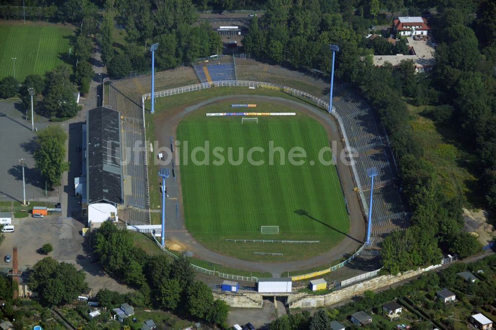 Leipzig von oben - Ensemble der Sportplatzanlagen Bruno-Plache-Stadion in Leipzig im Bundesland Sachsen