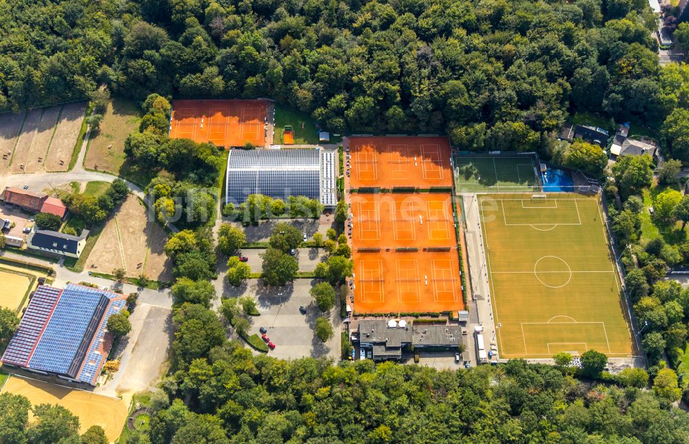 Dinslaken aus der Vogelperspektive: Ensemble der Sportplatzanlagen Handballverein TV Jahn Hiesfeld am Rotbachsee in Dinslaken im Bundesland Nordrhein-Westfalen, Deutschland