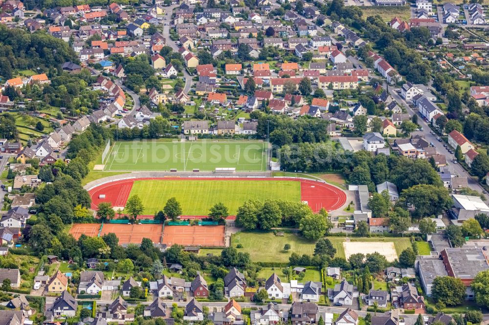 Luftaufnahme Bergkamen - Ensemble der Sportplatzanlagen am Nordberg-Stadion in Bergkamen im Bundesland Nordrhein-Westfalen, Deutschland