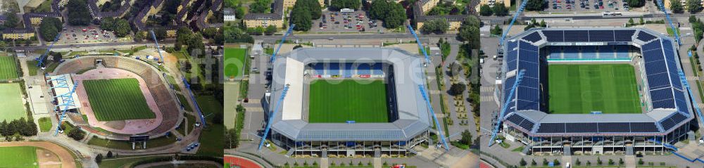 Rostock von oben - Entwicklung vom alten Ostseestadion zur Solarstromarena - das Stadion des F.C. Hansa Rostock e.V.