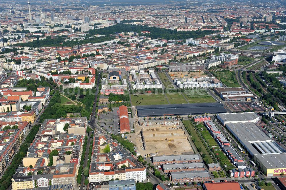 Berlin Friedrichshain von oben - Entwicklungsgebiet Alter Schlachthof / Eldenaer Straße Berlin-Prenzlauer Berg