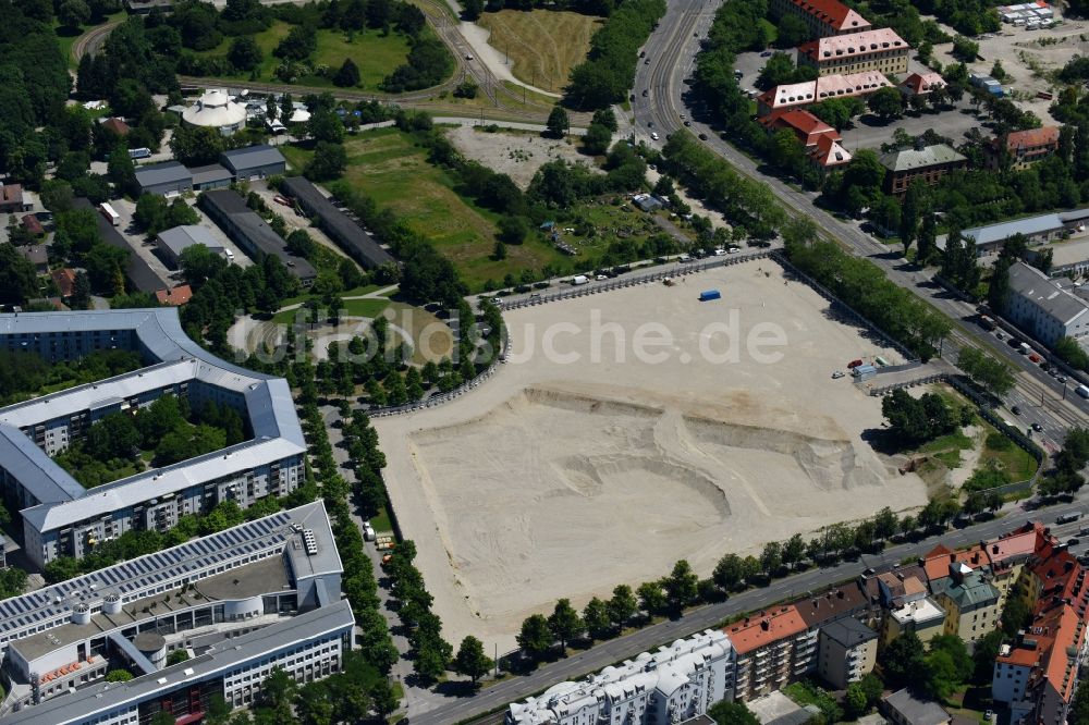 München aus der Vogelperspektive: Entwicklungsgebiet und Bauland- Brache Neubau Strafjustizzentrum München im Ortsteil Neuhausen-Nymphenburg in München im Bundesland Bayern, Deutschland