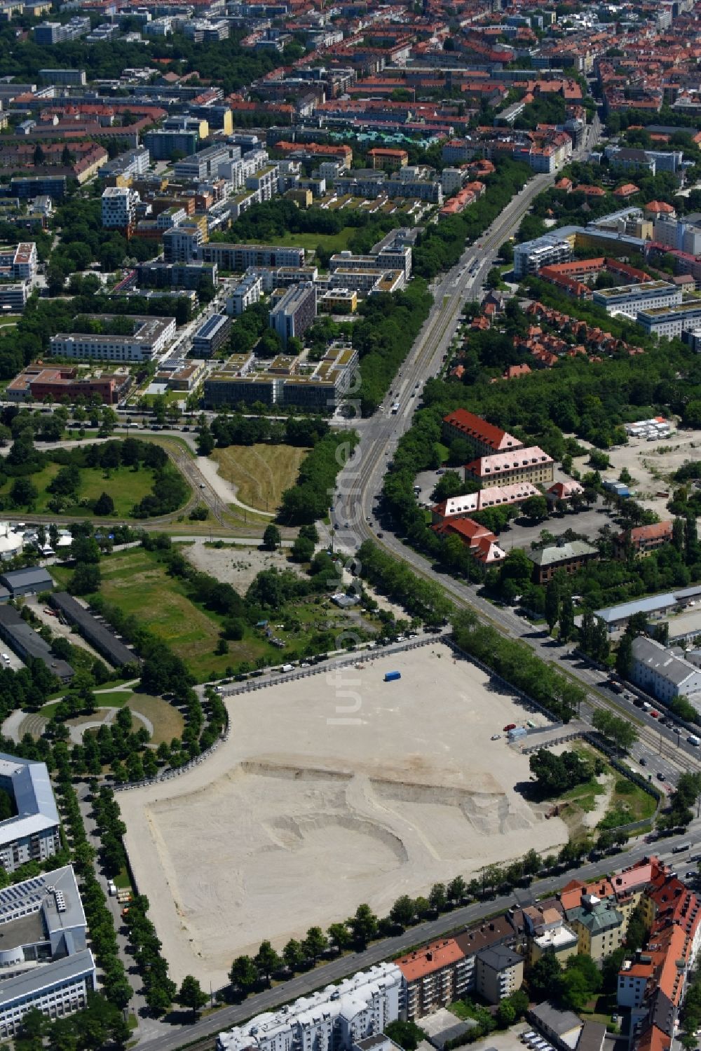 Luftbild München - Entwicklungsgebiet und Bauland- Brache Neubau Strafjustizzentrum München im Ortsteil Neuhausen-Nymphenburg in München im Bundesland Bayern, Deutschland