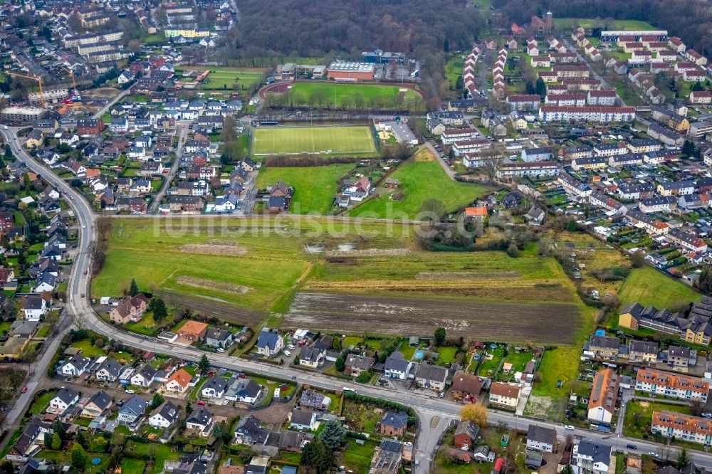 Luftaufnahme Bergkamen - Entwicklungsgebiet und Bauland- Brache zwischen Jahnstraße und Hermann-Stehr-Straße in Bergkamen im Bundesland Nordrhein-Westfalen, Deutschland