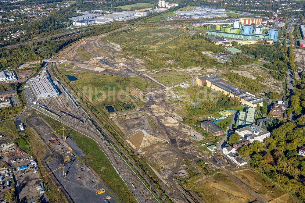 Dortmund von oben - Entwicklungsgebiet der Dortmund Logistik GmbH mit Bahn- Betriebswerk an der ehemaligen Westfalenhütte in Dortmund im Bundesland Nordrhein-Westfalen