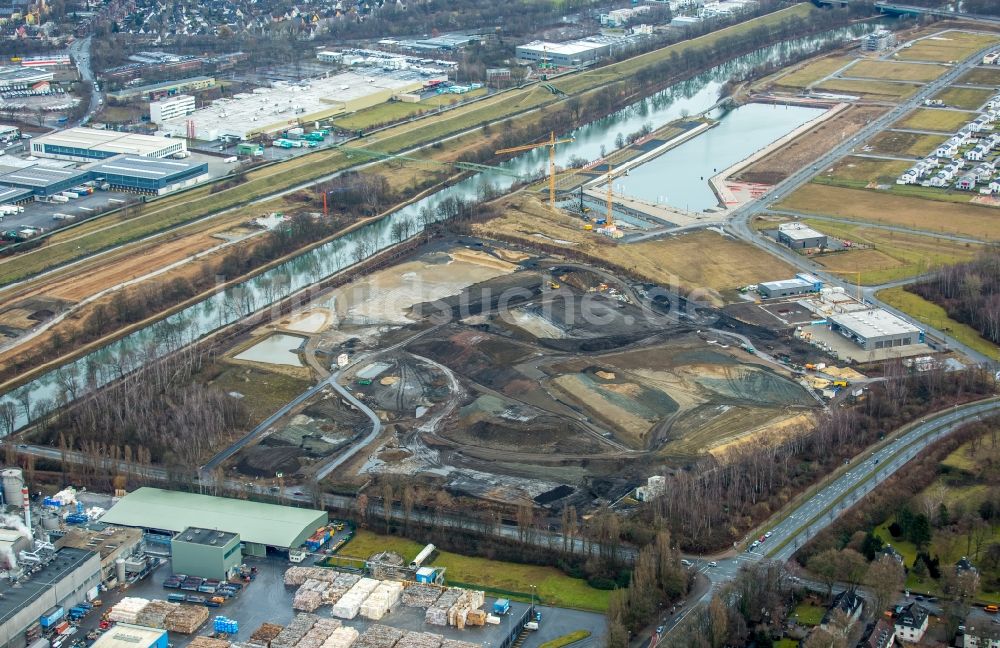 Gelsenkirchen von oben - Entwicklungsgebiet Gelände der ehemaligen Zeche Graf Bismark / Umbau zum Neubau- Wohngebiet mit Stadtquartieren am Rhein-Herne-Kanal in Gelsenkirchen im Bundesland Nordrhein-Westfalen NRW