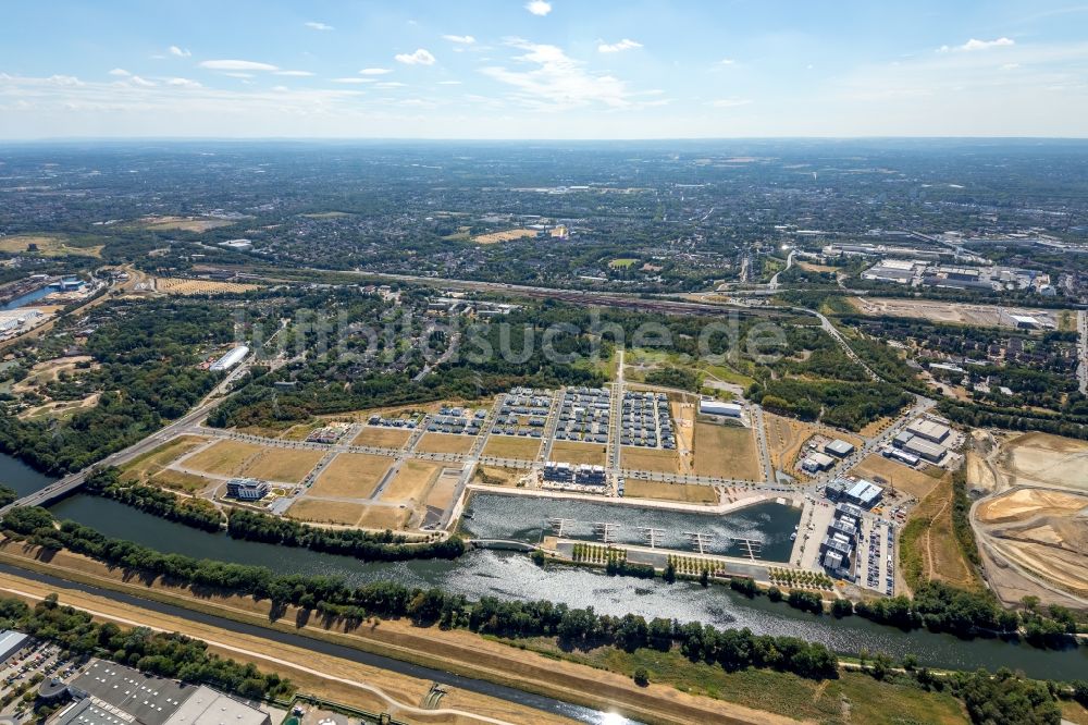 Luftaufnahme Gelsenkirchen - Entwicklungsgebiet Gelände der ehemaligen Zeche Graf Bismark / Umbau zum Neubau- Wohngebiet mit Stadtquartieren am Rhein-Herne-Kanal in Gelsenkirchen im Bundesland Nordrhein-Westfalen NRW