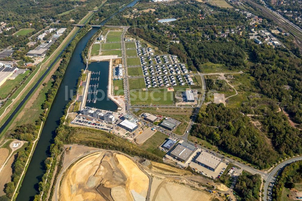 Luftbild Gelsenkirchen - Entwicklungsgebiet Gelände der ehemaligen Zeche Graf Bismark / Umbau zum Neubau- Wohngebiet mit Stadtquartieren am Rhein-Herne-Kanal in Gelsenkirchen im Bundesland Nordrhein-Westfalen NRW