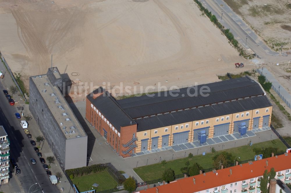 Berlin von oben - Entwicklungsgebiet der Industriebrache Gelände des Alten Schlachthof an der Eldenaer Straße - Thaerstraße im Ortsteil Friedrichshain in Berlin, Deutschland