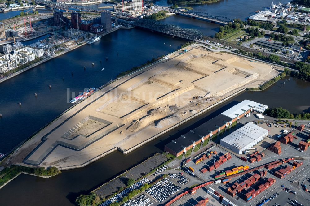 Luftaufnahme Hamburg - Erdarbeiten auf dem Gelände der ehemaligen Logistikzentrum- Ruine Übersee - Zentrum am Schuhmacherwerder - Moldauhafen in Hamburg, Deutschland