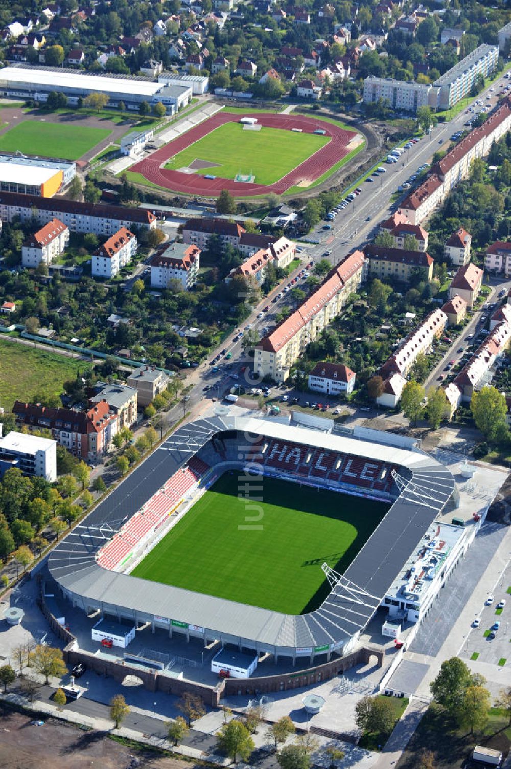 Halle / Saale von oben - Erdgas Sportpark Halle / Saale