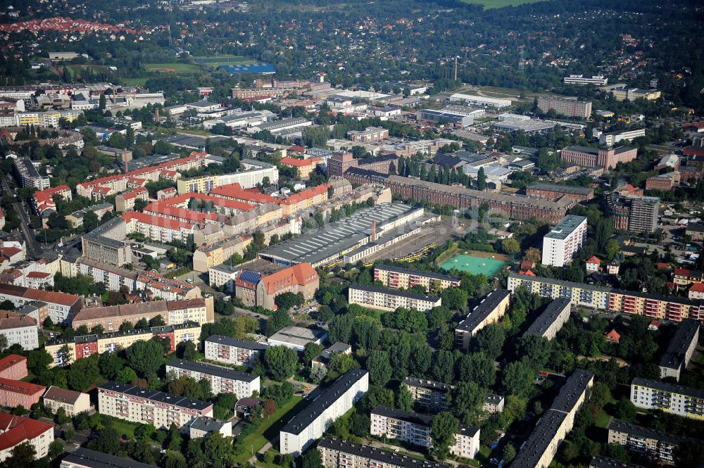 Berlin Weißensee aus der Vogelperspektive: eröffnete Straßenbahndepot / Betriebshof Weißensee an der Bernkasteler Straße und das umliegende Wohngebiet