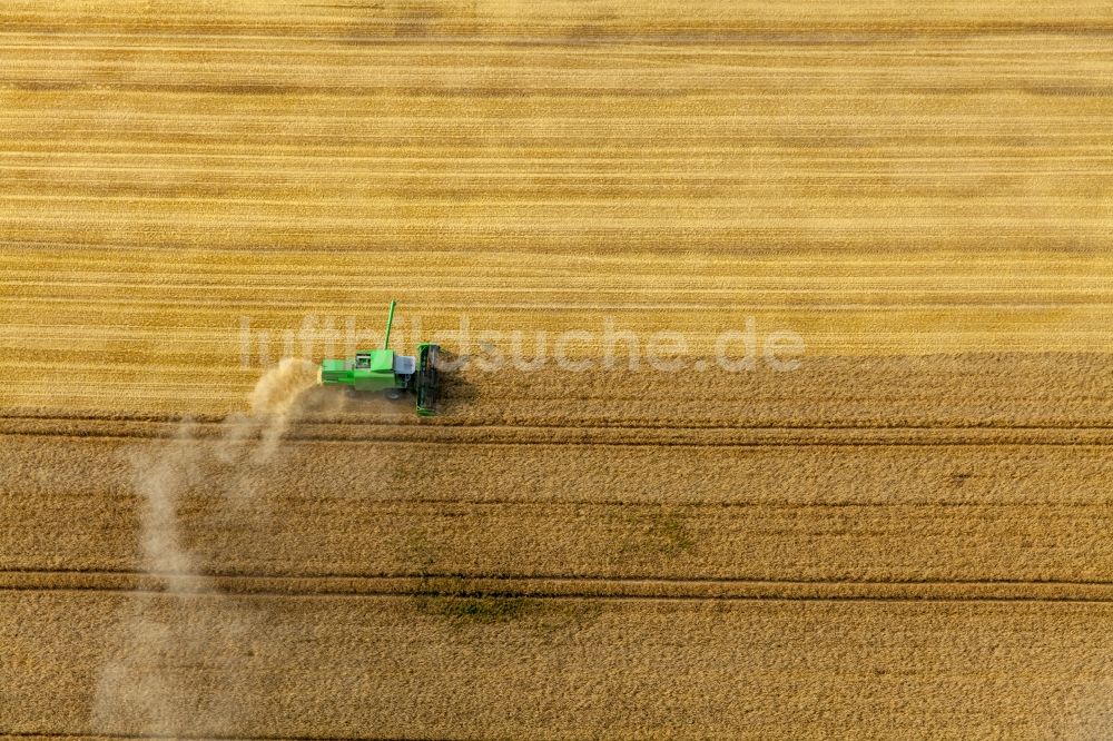 Anröchte aus der Vogelperspektive: Ernteeinsatz auf landwirtschaftlichen Feldern in Anröchte im Bundesland Nordrhein-Westfalen