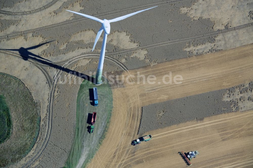 Dalkendorf aus der Vogelperspektive: Ernteeinsatz auf landwirtschaftlichen Feldern in Dalkendorf im Bundesland Mecklenburg-Vorpommern