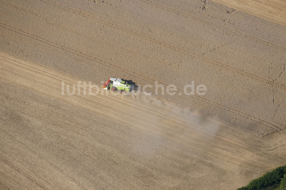 Friedland aus der Vogelperspektive: Ernteeinsatz auf landwirtschaftlichen Feldern in Friedland im Bundesland Niedersachsen