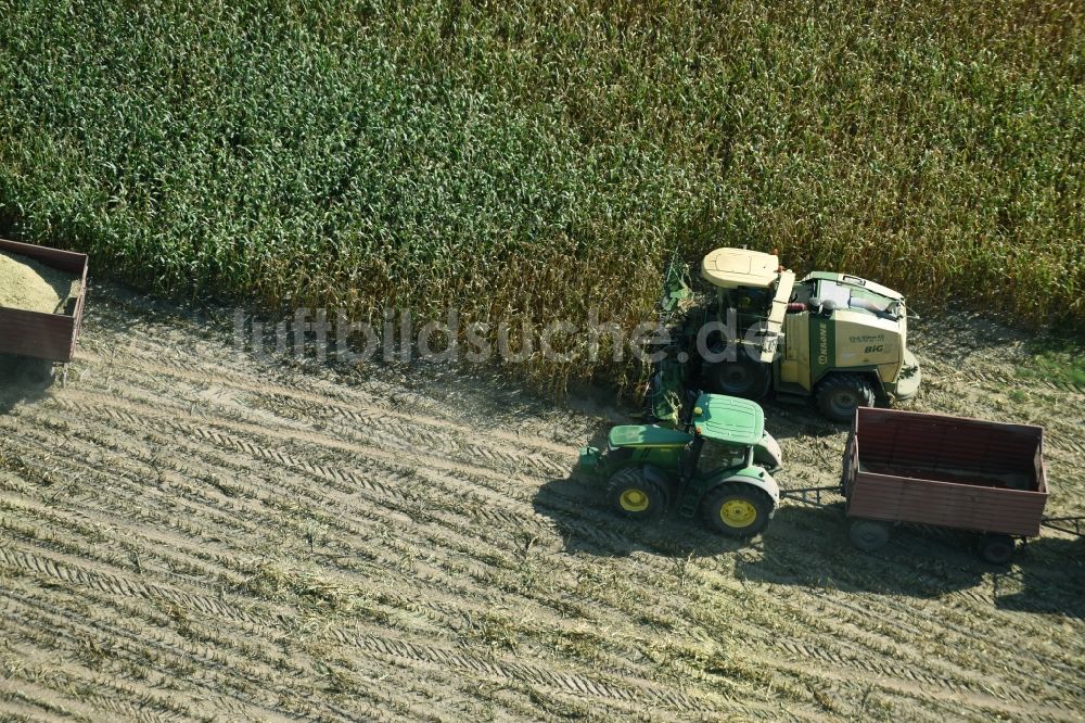 Käthen von oben - Ernteeinsatz auf landwirtschaftlichen Feldern in Käthen im Bundesland Sachsen-Anhalt