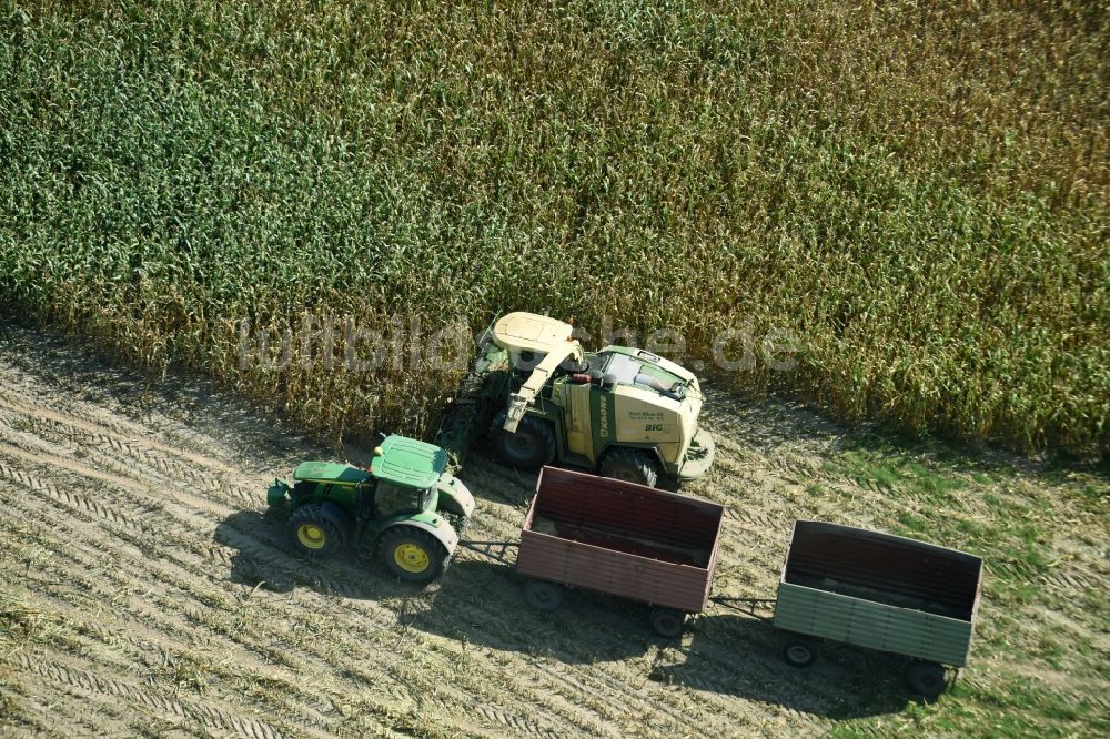 Luftaufnahme Käthen - Ernteeinsatz auf landwirtschaftlichen Feldern in Käthen im Bundesland Sachsen-Anhalt