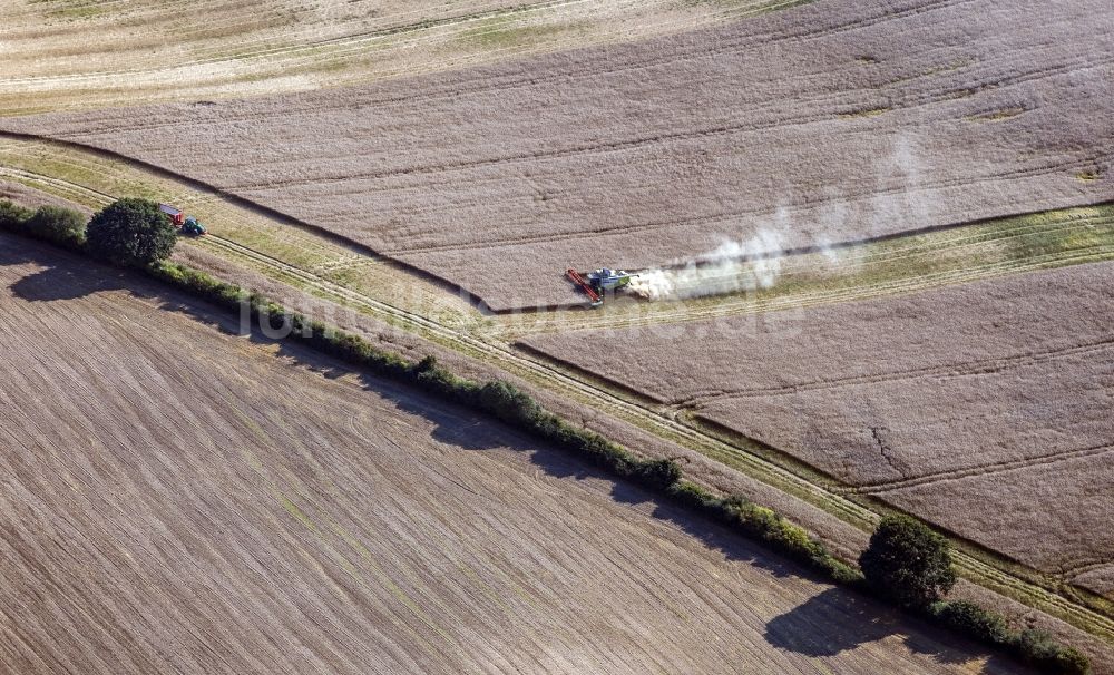 Kühren aus der Vogelperspektive: Ernteeinsatz auf landwirtschaftlichen Feldern im Ortsteil Kührsdorf in Kühren im Bundesland Schleswig-Holstein