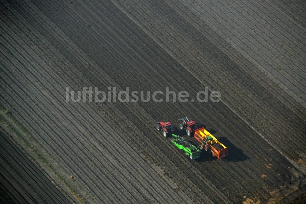 Luftbild Stendal - Ernteeinsatz auf landwirtschaftlichen Feldern in Stendal im Bundesland Sachsen-Anhalt