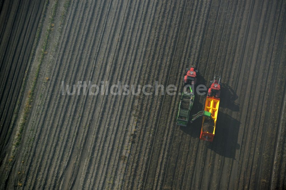 Luftaufnahme Stendal - Ernteeinsatz auf landwirtschaftlichen Feldern in Stendal im Bundesland Sachsen-Anhalt