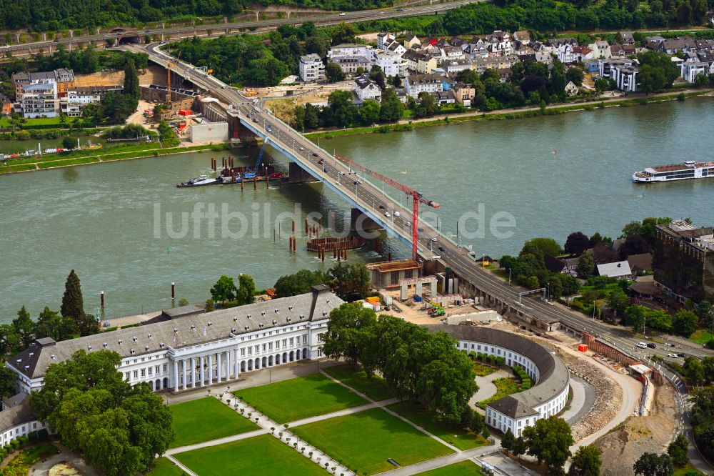 Luftaufnahme Koblenz - Ersatzneubau des Brückenbauwerk Pfaffendorfer Brücke in Koblenz im Bundesland Rheinland-Pfalz, Deutschland