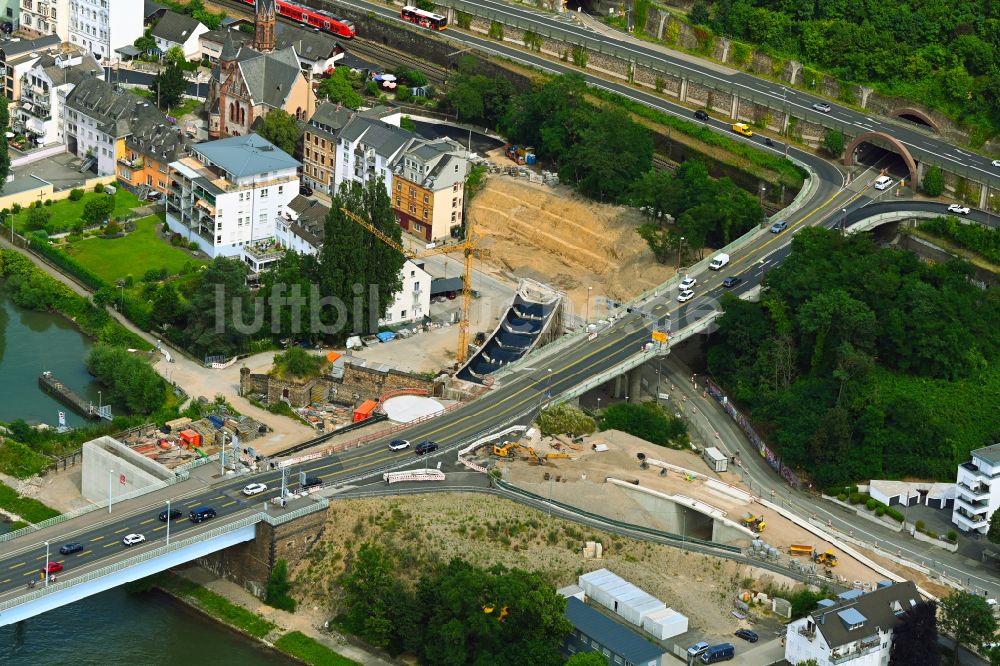 Luftbild Koblenz - Ersatzneubau des Brückenbauwerk Pfaffendorfer Brücke in Koblenz im Bundesland Rheinland-Pfalz, Deutschland