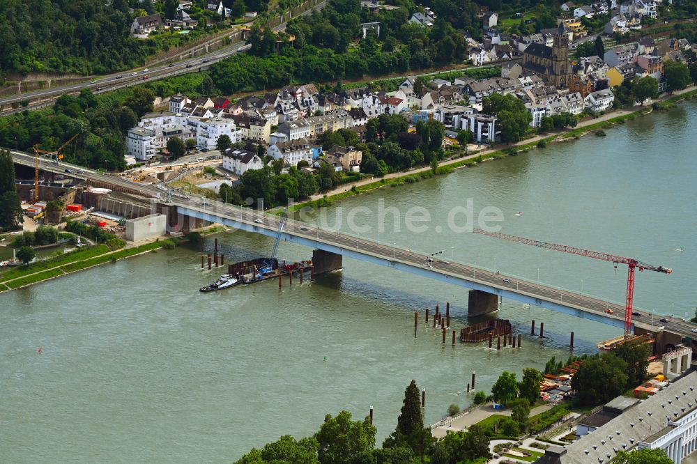 Luftaufnahme Koblenz - Ersatzneubau des Brückenbauwerk Pfaffendorfer Brücke in Koblenz im Bundesland Rheinland-Pfalz, Deutschland