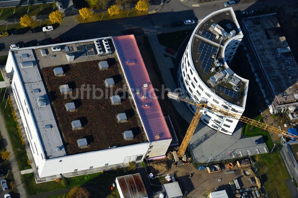 Berlin aus der Vogelperspektive: Erweiterungs- Neubau- Baustelle am Gebäudekomplex des Institut Willy-Wien-Laboratorium (PTB) an der Magnusstraße im Ortsteil Adlershof in Berlin, Deutschland