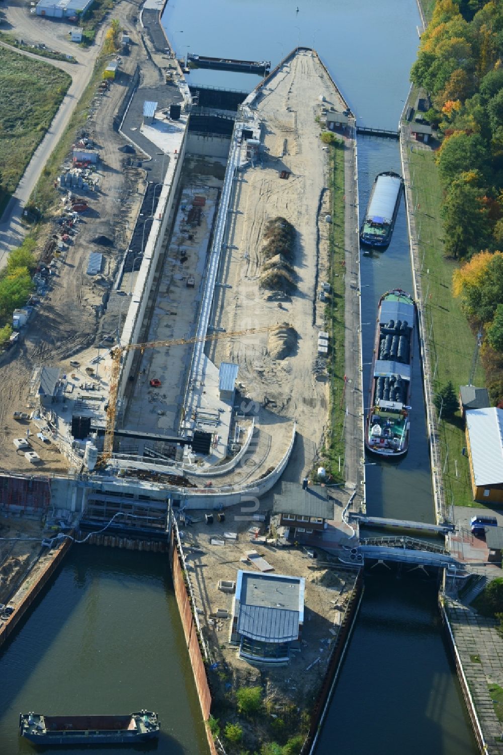 Luftaufnahme Wusterwitz - Erweiterungsbaustelle Neubau Schleuse Wusterwitz am Elbe-Havel-Kanal im Bundesland Brandenburg