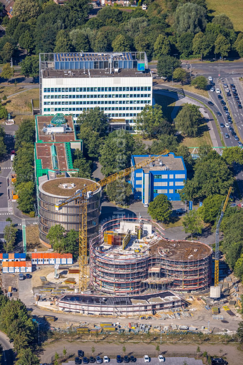 Luftaufnahme Gelsenkirchen - Erweiterungsbaustelle am Werksgelände für ein Laborgebäude der Gelsenwasser in Gelsenkirchen im Bundesland Nordrhein-Westfalen, Deutschland