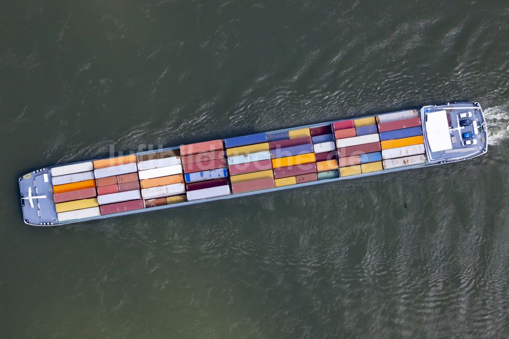 Düsseldorf aus der Vogelperspektive: Fahrendes Containerschiff auf dem Flußverlauf des Rhein in Düsseldorf im Bundesland Nordrhein-Westfalen, Deutschland