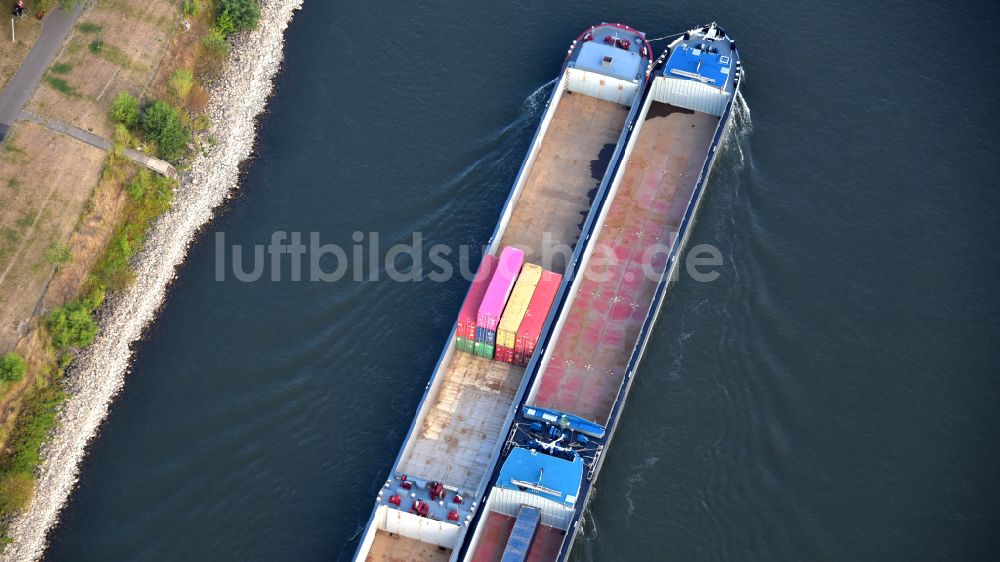 Bonn aus der Vogelperspektive: Fahrendes Containerschiff Millenium II auf dem Flußverlauf des Rhein in Bonn im Bundesland Nordrhein-Westfalen, Deutschland