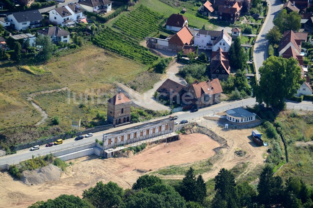 Bensheim von oben - Fassade des Baudenkmales Euler- Fassade der ehemaligen Papierfabrik in Bensheim im Bundesland Hessen