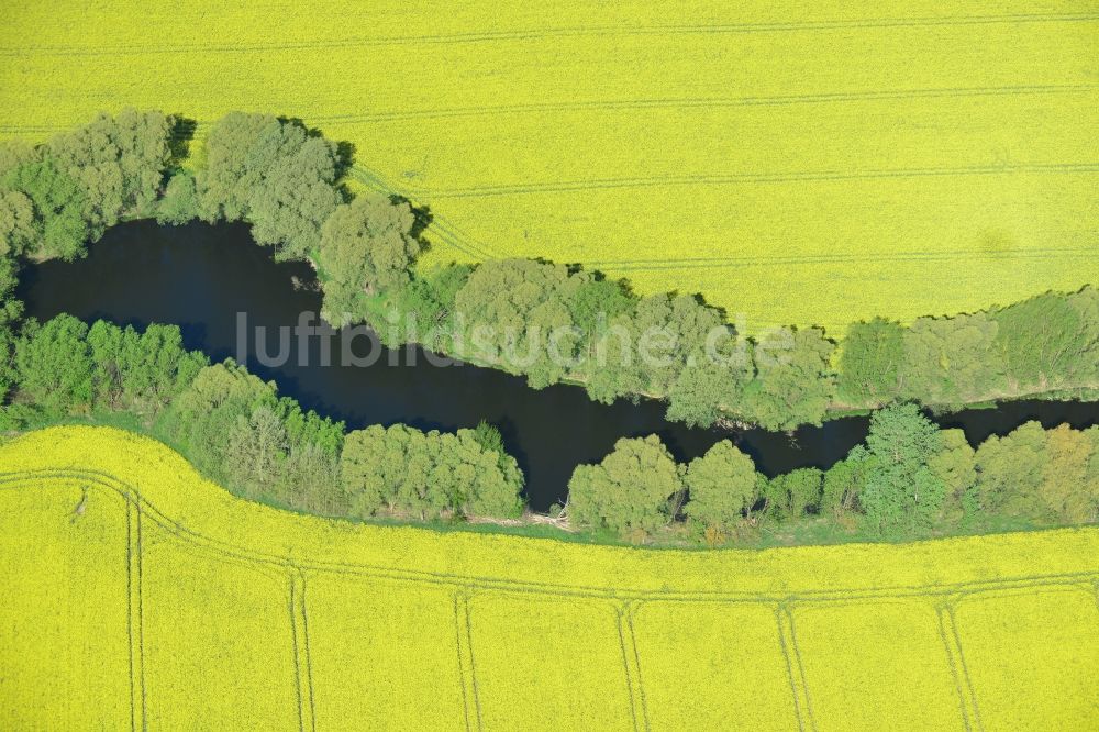 Luftbild Altlandsberg - Feld- Landschaft gelb blühender Raps- Blüten an einem Wassergraben bei Altlandsberg im Bundesland Brandenburg