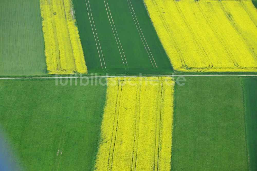 Karbach von oben - Feld- Landschaft gelb blühender Raps- Blüten in Karbach im Bundesland Bayern