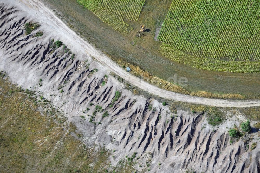 Grünewalde von oben - Feldrand an der Abraumhalde der Braunkohle- Tagebau - Bergbaufolgelandschaft Grünhaus bei Grünwalde im Bundesland Brandenburg