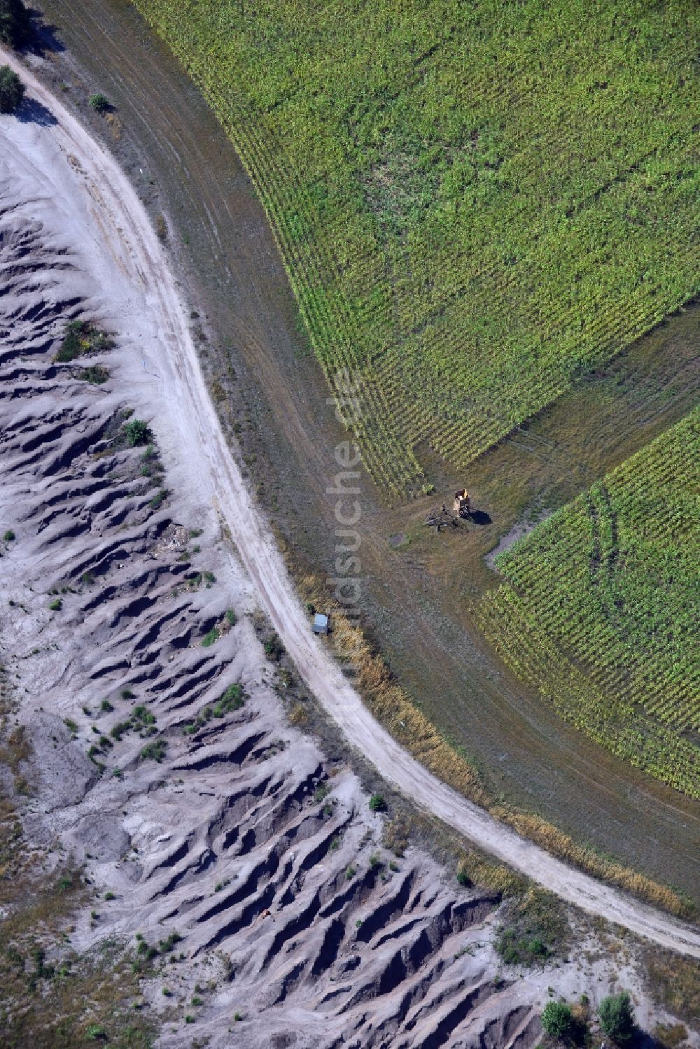 Luftbild Grünewalde - Feldrand an der Abraumhalde der Braunkohle- Tagebau - Bergbaufolgelandschaft Grünhaus bei Grünwalde im Bundesland Brandenburg