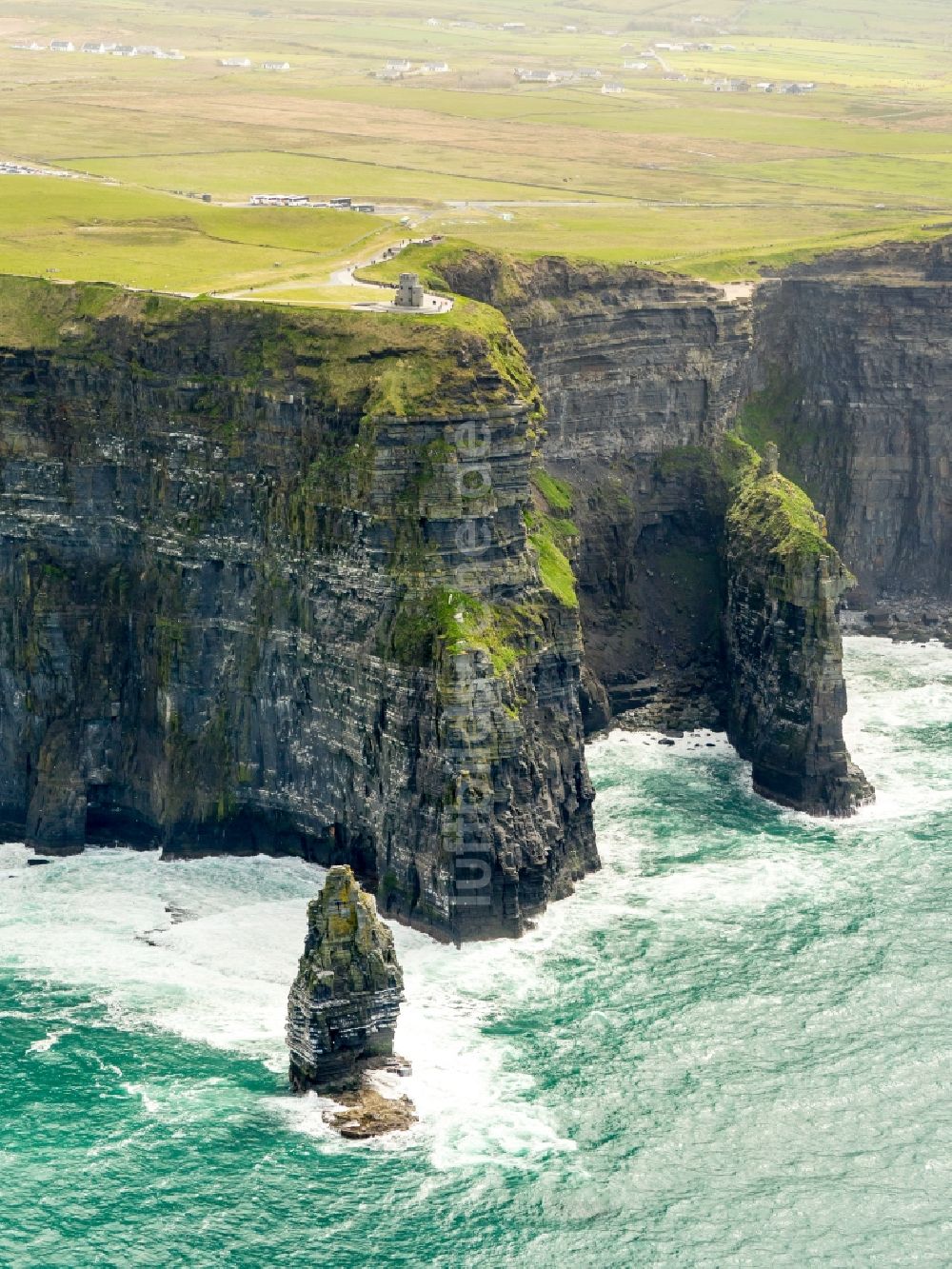 Cliffs of Moher aus der Vogelperspektive: Felsen- Küsten- Landschaft an der Steilküste Nordatlantischer Ozean in Cliffs of Moher in Clare, Irland