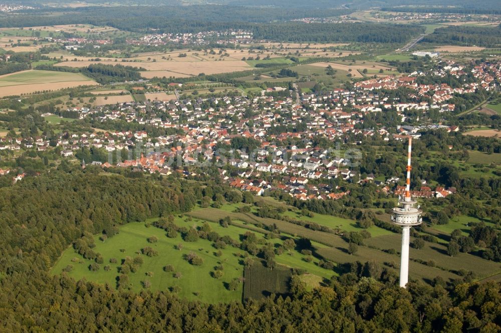 Karlsruhe aus der Vogelperspektive: Fernmeldeturm und Fernsehturm im Ortsteil Grünwettersbach in Karlsruhe im Bundesland Baden-Württemberg, Deutschland