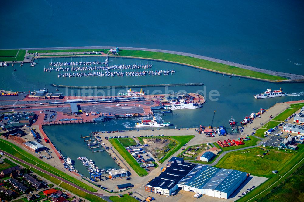 Luftaufnahme Norden - Fähr- Hafenanlagen an der Meeres- Küste der Nordsee mit dem Fährschiff Frisia 4 im Ortsteil Norddeich in Norden im Bundesland Niedersachsen, Deutschland