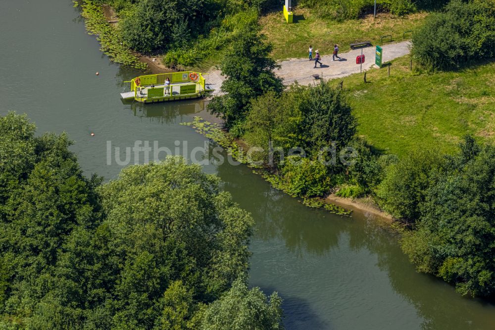 Luftbild Hamm - Fähr- Schiff Lippefähre Lupia auf dem Fluss Lippe bei Westhusen im Norden von Hamm im Bundesland Nordrhein-Westfalen