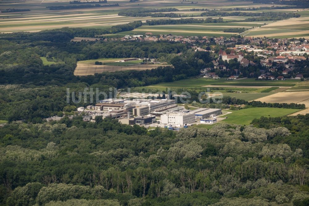 Orth an der Donau aus der Vogelperspektive: Firmengelände und Forschungsgelände der Pharmaindustrie und Medizintechnik- Unternehmen Baxter und Baxalta in Orth an der Donau in Niederösterreich, Österreich