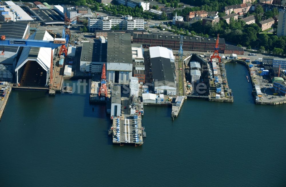 Kiel aus der Vogelperspektive: Firmengelände der ThyssenKrupp Marine Systems GmbH in Kiel im Bundesland Schleswig-Holstein, Deutschland