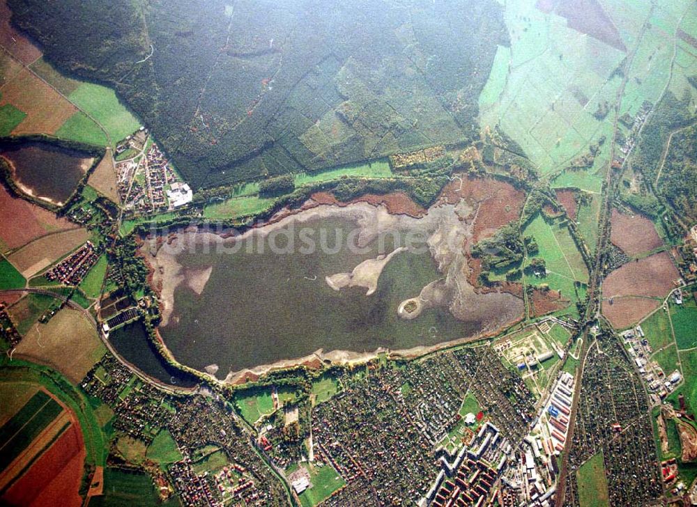 Torgau / Sachsen aus der Vogelperspektive: Fischzuchteichanlagen auf dem Großen Teich in Torgau / Sachsen (Ausschnitt mit 35mm Optik aus 9800 ft MSL).