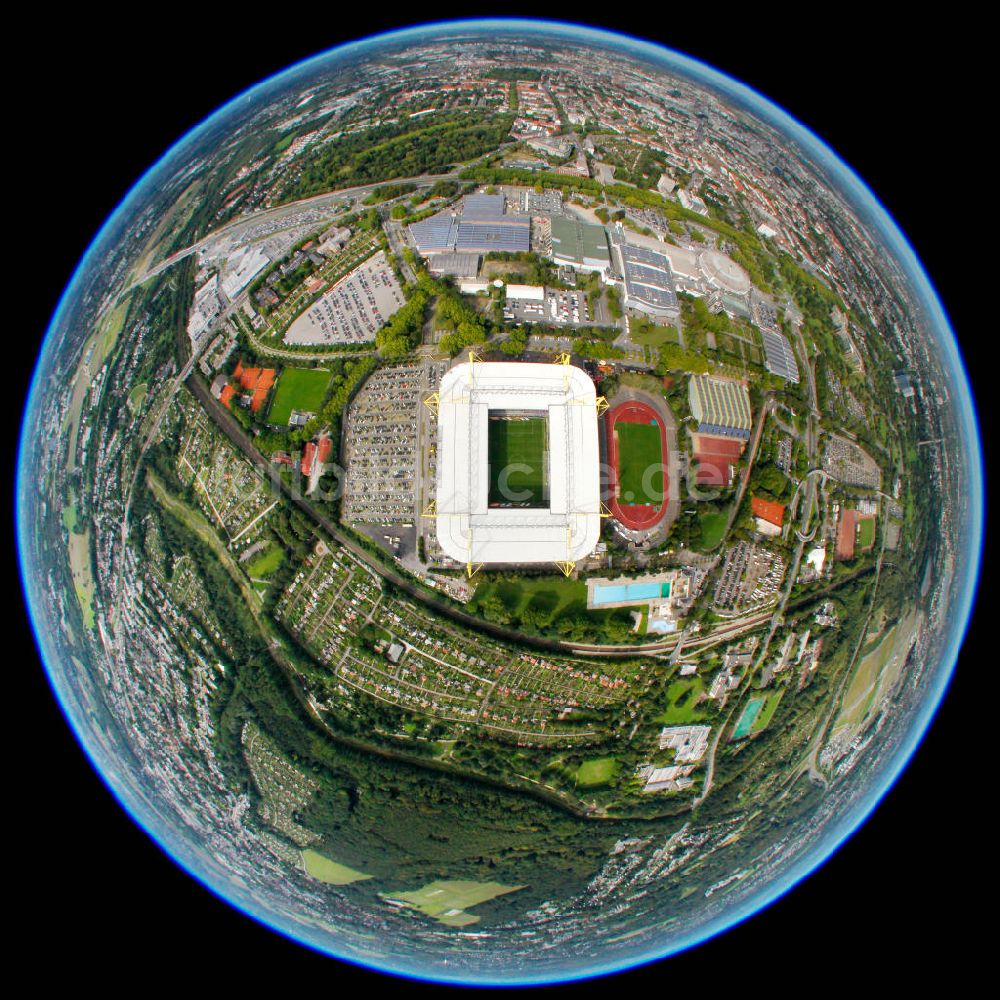 Dortmund von oben - Fish Eye Blick vom Borusseum , dem Stadion Signal Iduna Park