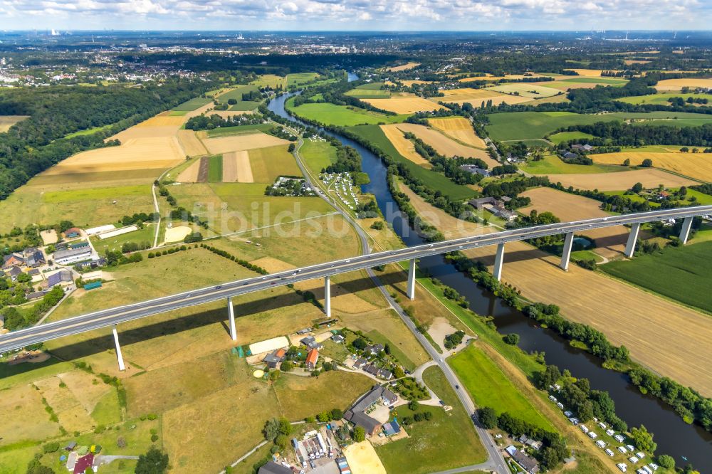 Mintard von oben - Fish Eye- Perspektive Autobahn- Brückenbauwerk Mintarder Ruhrtalbrücke der BAB A52 über die Ruhr bei Mintard im Bundesland Nordrhein-Westfalen, Deutschland