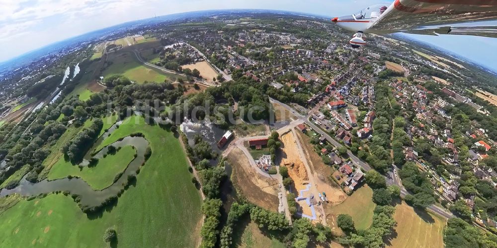 Hamm von oben - Fish Eye- Perspektive Baustelle Mischbebauung eines Wohngebiets mit Mehrfamilienhäusern und Einfamilienhäusern an der Schloss- Mühle am Mühlenteich in Hamm im Bundesland Nordrhein-Westfalen, Deutschland