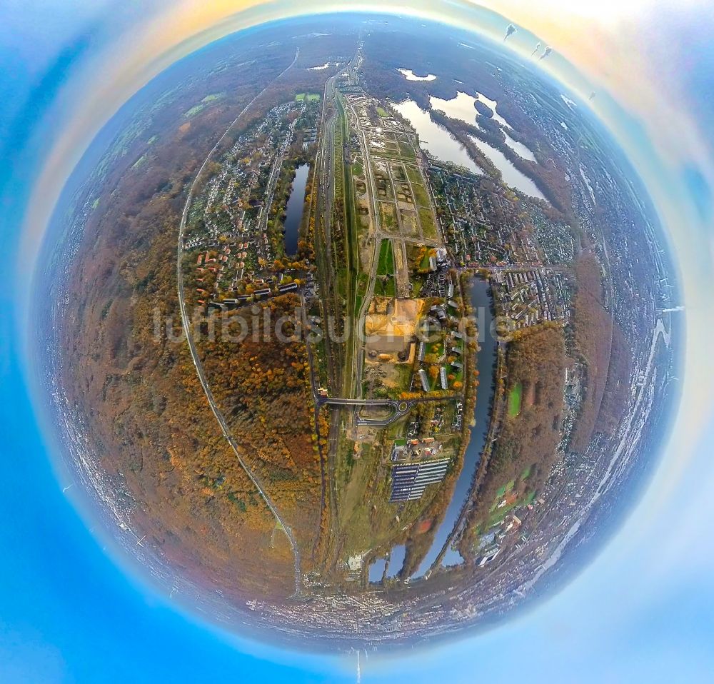 Luftbild Duisburg - Fish Eye- Perspektive Baustellen zum Neubau eines Stadtquartiers 6 Seen Wedau - Wohnen am Wasser in Duisburg im Bundesland Nordrhein-Westfalen, Deutschland